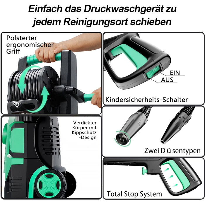 Високотискний мийник 2026 Neu 180 бар, 6-в-1 насадка, 420 л/год, 50 м²/год, економія води, з піноплавником 500 мл та барабаном для шланга (33x32x86 см, блакитний)