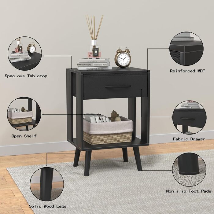 Набір з 2 тумбочок до ліжка, 40x30x60.3 см, чорний колір. Тумбочки з шухлядою для спальні, дитячої кімнати, як подарунок. Настільний столик, приліжкова тумбочка.