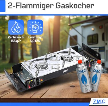 Газовий набір для кемпінгу ZMC 2-поверховий з адаптером для LPG + 4 балончики 227г + кейс, 2.5кВт, з Piezo-запалюванням, для відпочинку на природі та дому