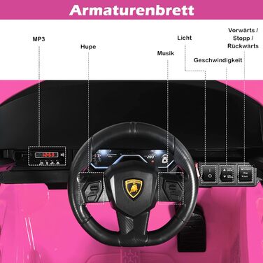 Дитячий електромобіль Lamborghini 12V з пультом, ременем безпеки, підсвіткою, музикою та сигналом, рожевий, для дітей від 3 років