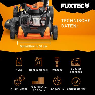 Бензокоса FUXTEC 4в1 FX-RM5196 з Edge-Cut: газонокосарка, 51 см, самохідна, 96 см3, великі колеса, 60л травосбірник
