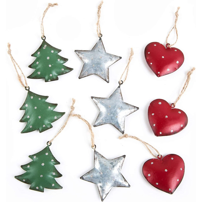 Різдвяні підвіски, 9 благородних різдвяних підвісок у вигляді серця, дерева, зірки, зеленого, червоного, срібного дерева, металевих підвісок зі шнуром, Різдвяна ялинка