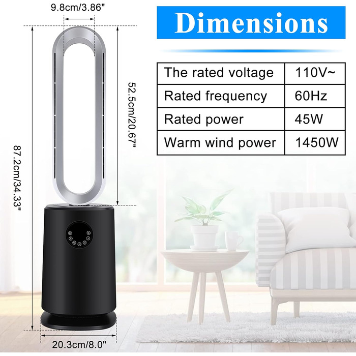 Безроторний вентилятор з очищувачем повітря Баштовий вентилятор 3 в 1, очищувач повітря 35-дюймовий колонний вентилятор з дистанційним керуванням 12H Таймер, Чорний