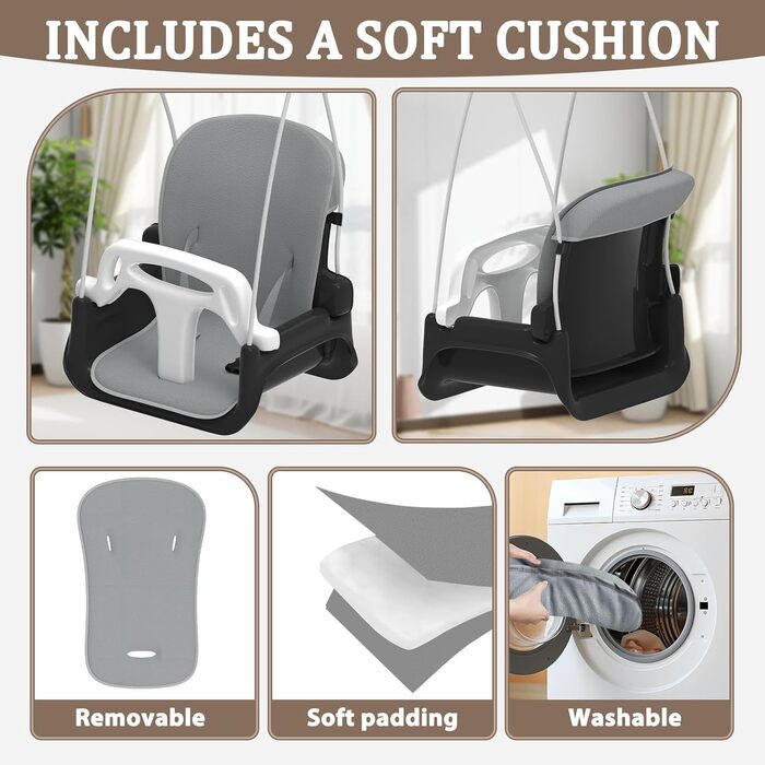 Дитяча гойдалка для саду з м'яким сидінням, чорна. Складана гойдалка з металевим каркасом для дому та вулиці. Легка у збиранні та зберіганні.