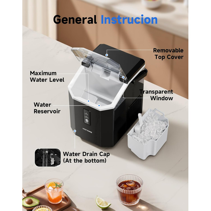 Машина для приготування морозива Komore, 15 кг/день, швидка (5 хв), портативна, з лопаткою та кошиком, самоочищення, для дому та офісу, чорна