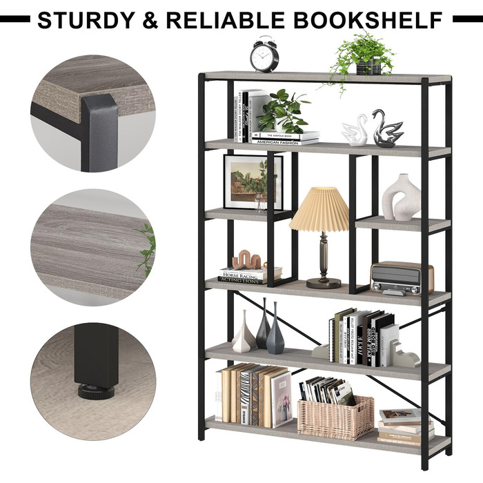 Стильна полиця-стеллаж LVB з 6 рівнями для вітальні, робочого кабінету, кухні, 180 см (світло-сіра ельха)