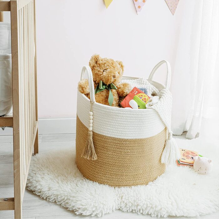 Кошик для білизни Mkono з натурального сизалю, плетений декоративний кошик для зберігання речей, жовто-білий, 40.6 x 35 см