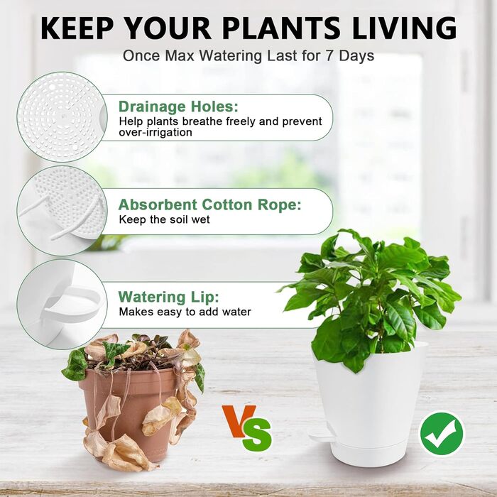 5 шт. пластикові горщики для квітів з системою поливу, 17.8/16.5/15.2/13.9/12.7 см. Самополивні горщики з підставкою, круглі, для дому, балкону, саду, сукулентів, кактусів, зелені (білі)