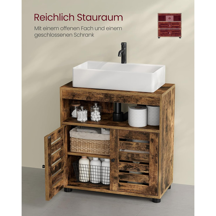 Підставка під раковину VASAGLE, шафка для ванної кімнати, 60 x 30 x 63 см, шафка для ванної, комод для зберігання з 2 дверцятами-решітками, з регульованою полицею, вінтажний коричневий BBK04BX
