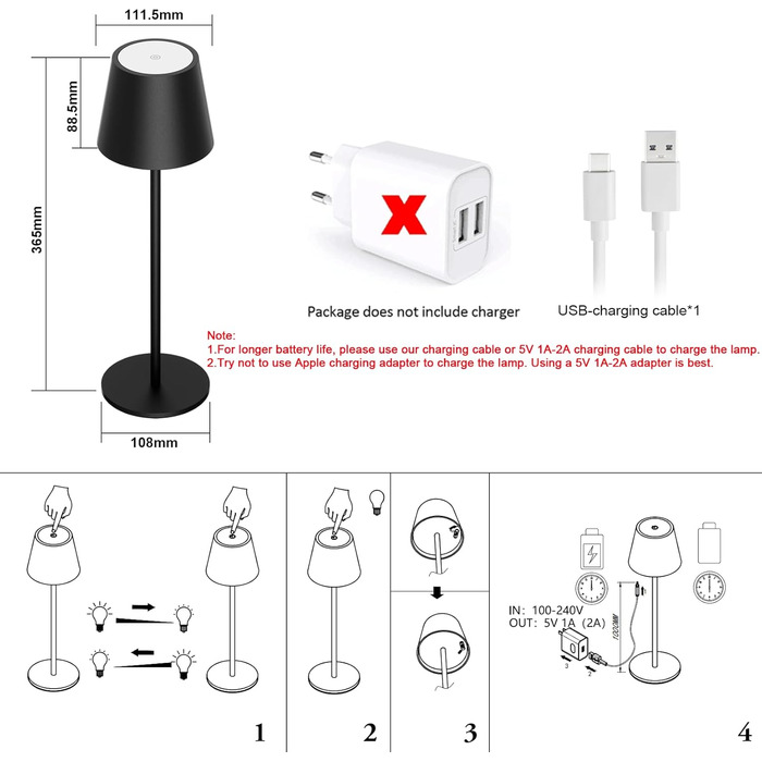 LED настільна лампа Klighten з регулюванням яскравості, акумуляторна, чорна, для дому та вулиці, USB-C, тепле світло 3000K, алюміній, IP54, вологостійка