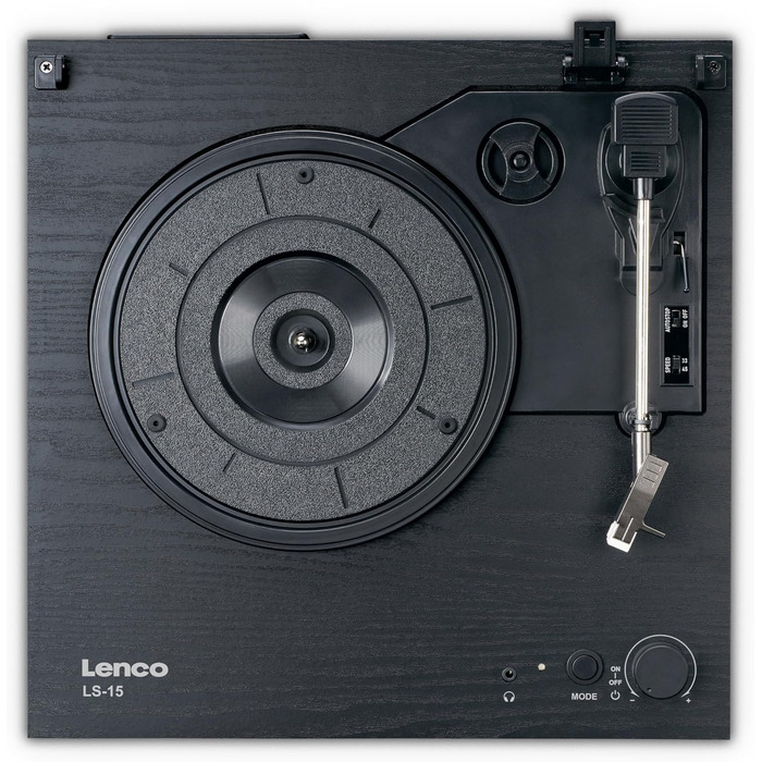 Програвач вінілу Lenco LS-15BK з Bluetooth, 2 динаміками, AT3600L, автостопом, AUX/RCA, чорний