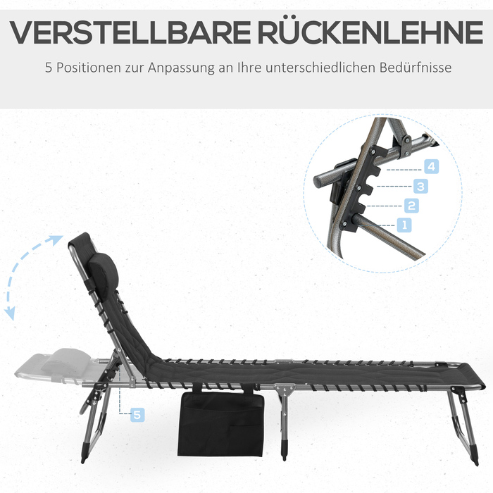 Складний розкладний шезлонг Outsunny Sun Lounger з подушкою 5-рівнева регульована спинка сталева оксфордська тканина чорний 188x57x30см для саду та патіо