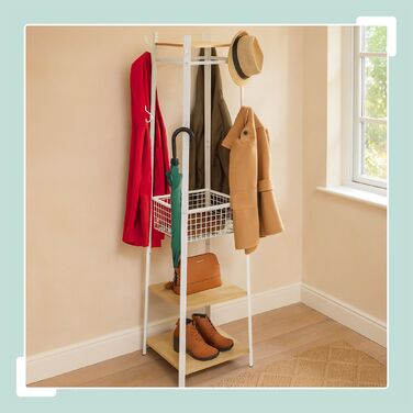 Настінна вішалка Relaxdays з гачками, полицями та кошиком