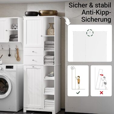 Шафа для ванної кімнати SoBuy з кошиком для білизни, вузька, висота 171 см, 6 полиць, 2 шухляди, білий колір, 60x37x171 см (BZR104-W)