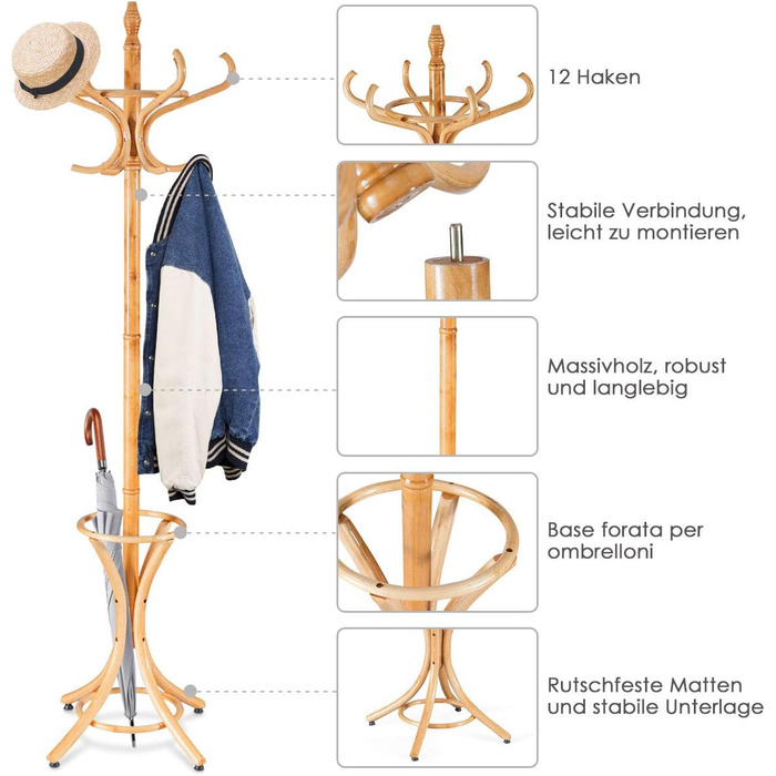 Стійка для одягу GIANTEX з підставкою для парасольки, дерев'яна, 12 гачків, для передпокою/вітальні (натуральний колір)