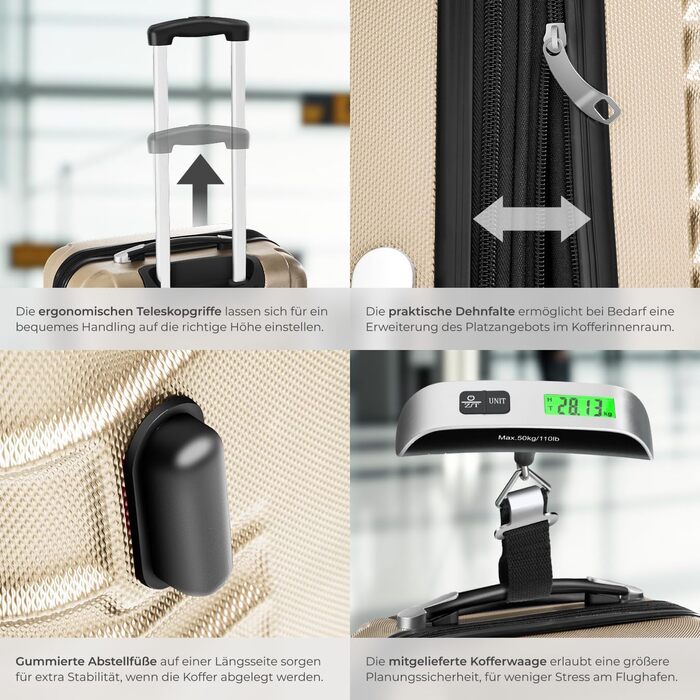 Набір валіз Tectake® 4шт з ABS пластику, S-M-L-XL, з колесами, телескопічним ручками та замком, + ваги та аксесуари для валіз, колір шампань