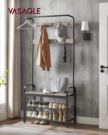 Стійка для одягу VASAGLE з полицею для взуття, 4-в-1, 9 знімних гачків, штанга для одягу, для передпокою, 33.7 x 72 x 183 см, індустріальний дизайн, горіхово-чорний колір