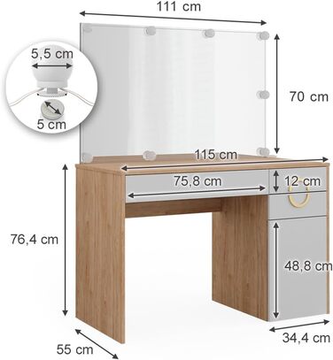 Туалетний столик Vicco Adela, високий глянець, 115 см, 3 ящики, натуральний Rockford Hickory, дзеркало та світлодіодний ланцюжок