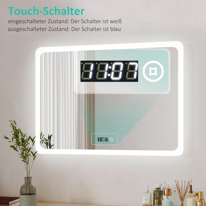 Дзеркало для ванної кімнати з підсвічуванням та годинником Boromal, 80x60 см, диммування, 3 кольори світла (3000-6500K), 2940LM