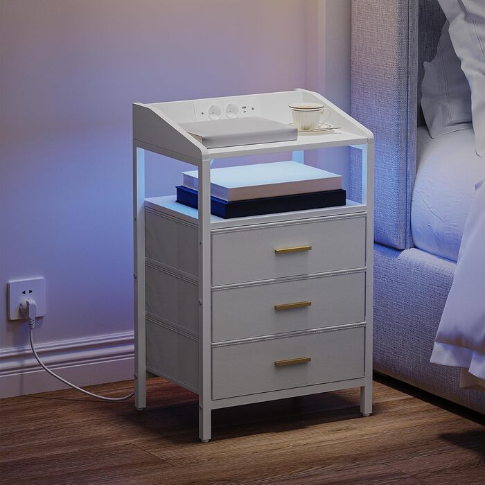 Приліжкова тумба з LED-підсвіткою, USB і розетками, 3 текстильні шухляди, полиці, для спальні та вітальні, біла NS31013W