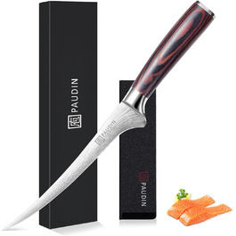 Ніж сантоку PAUDIN з дамаської сталі, 13 см - професійний кухонний ніж для кухні, надзвичайно гострий, з високоякісної нержавіючої сталі та ергономічною ручкою G10 (рибний ніж 18 см)