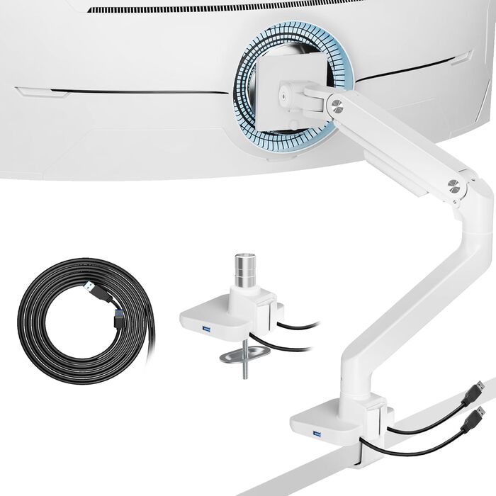 Кріплення для монітора ARES WING з USB A/C, кріплення для монітора 17-49 дюймів, підставка для монітора з газовою пружиною, VESA 75/100 мм, білий