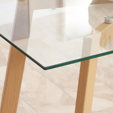 Обідній стіл на 4 особи, зі скляною стільницею, сталевим каркасом та імітацією дерев'яної текстури, розміром 120 см (довжина) x 60 см (ширина) x 76 см (висота)