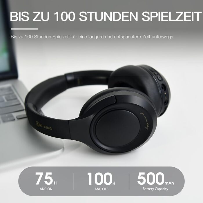 Накладні навушники iKF King Bluetooth, ANC, 75 год, висока роздільна здатність, додаток EQ, прозорість, швидка зарядка (чорний)