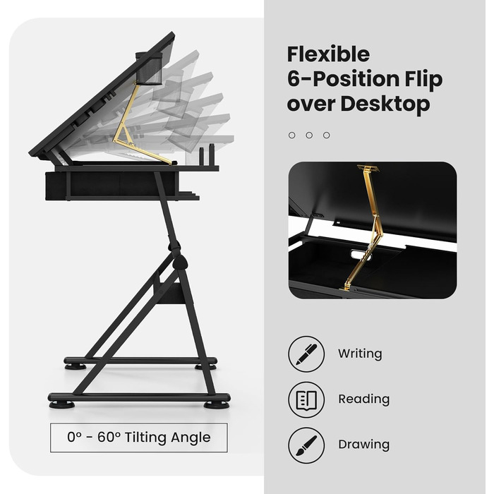 Регульований стіл FANTASK для архітекторів та художників з нахиленою стільницею, 2 ящиками та табуретом (Чорний)