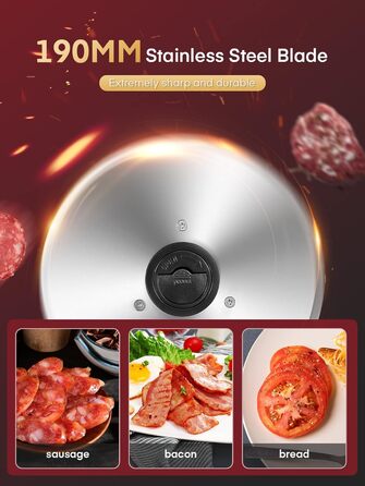 Електричний слайсер FOHERE: Brotschneidemaschine з регулюванням товщини нарізки (0-15 мм), 200W, для м'яса, ковбас, шинки, з нержавіючої сталі, з захистом
