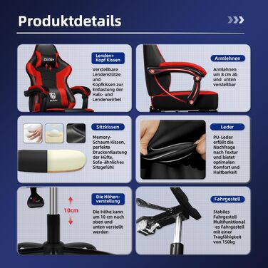 Ігровий крісло, офісне ергономічне крісло з телескопічною підніжкою, з підголівником та підтримкою попереку, регульоване та поворотне, 150 кг, (червоний)