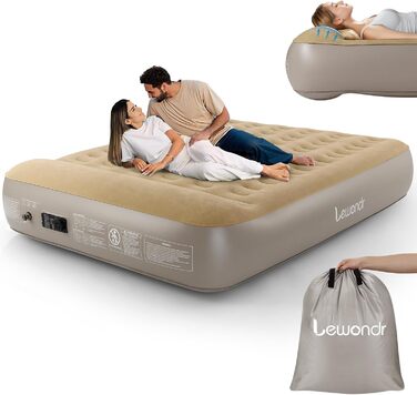 Надувне ліжко Lewondr на 2 особи з вбудованим насосом, 203x152x33 см. З подушкою, самонадувне, для кемпінгу, дому, гостей, подорожей (250 кг MAX), кольору хакі