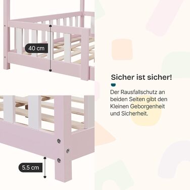 Дитяче ліжко Sisimiut Montessori від en.casa з захистом від падіння. Дерев'яне ліжко для дітей, підлогове, з ламелями. Матеріал: сосна. Колір: світло-сірий/білий. Розмір: 120 x 200 см. Без матраца.