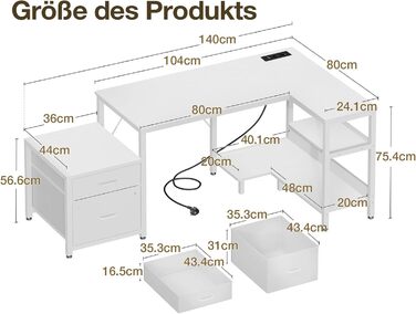 Комп'ютерний стіл Coleshome L-подібний з шухлядами, 140x80 см, з розеткою, білий