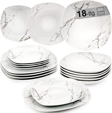 СПІВАЧКА 18 шт. Bilgola Marble White Dinner Сервіз, порцеляна, на 6 осіб, квадрат ПРЕМІУМ КОЛЕКЦІЯ