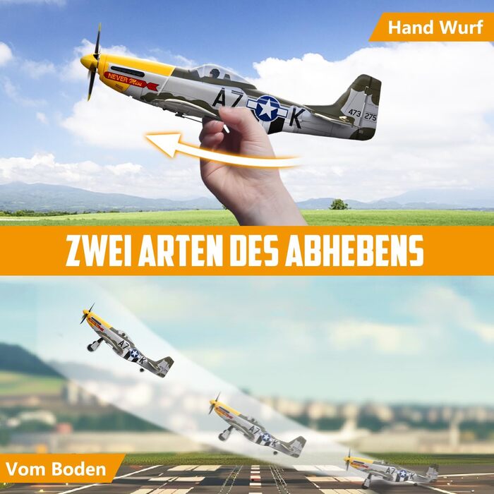 RC літак HAWK'S WORK P-51D Mustang 2.4GHz - Готовий до польоту, 6-осьовий гіростабілізатор, для дітей та початківців (зелений, безщітковий)