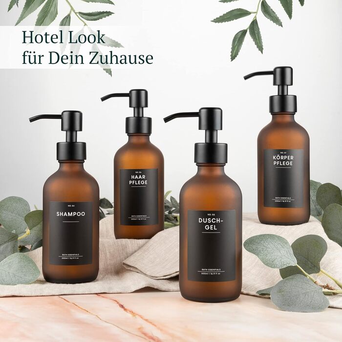 MONOKO Набір дозаторів для мила 4 шт. Чорний матовий, скло, 500 мл | Дозатори для шампуню, мила, кухні, з нержавіючою сталею | Pumpflasche + наклейки