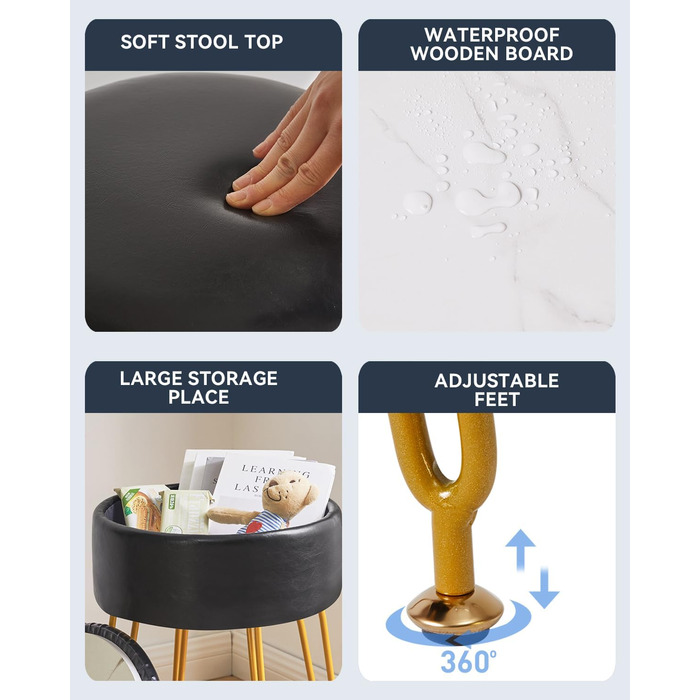 Пуф-табуретка IBUYKE з велюру, круглої форми, з м'якою оббивкою, на золотих металевих ніжках, чорного кольору, з PU-підсидінням для зберігання, модель L/G-30P