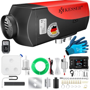 Дизельний опалювач KESSER® 8kW з таймером, LCD-дисплеєм та пультом дистанційного керування | Швидкий нагрів | Опалювач повітря з шумопоглиначем та термостатом (Червоний, 8кВт) Чорний / Червоний 8кВт