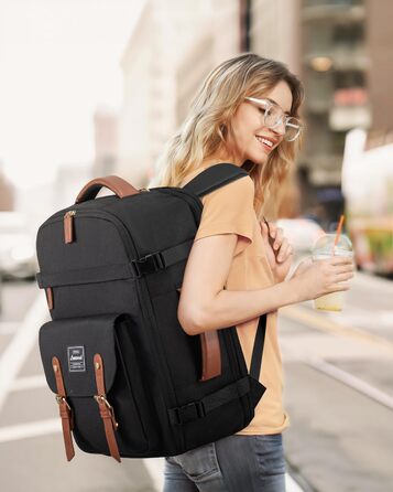 Рюкзак LOVEVOOK для ручної поклажі в літак, жіночий, водонепроникний, універсальний, для ноутбука 17 дюймів, шкільний, для студентів, подорожей, чорний/коричневий, 45x32x15 см