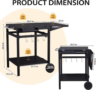 Гриль-візок PIZELLO з підготовчою станцією: візок для гриля, піца-стіл, сервірувальний візок з коліщатками, гачки, ручка, трансформована робоча поверхня, чорний