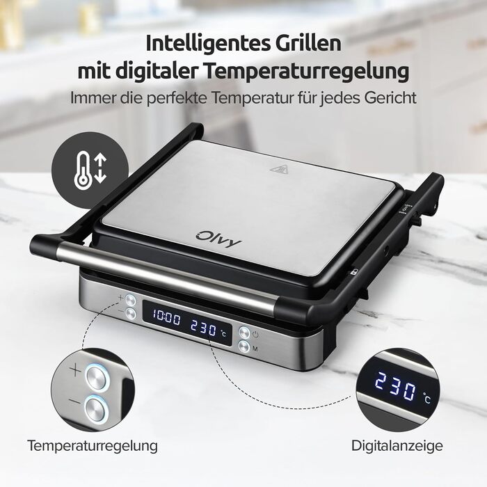 Olvy Sandwichmaker XXL: Цифровий контактний гриль 3-в-1 з антипригарним покриттям, регульована температура, таймер, велика поверхня приготування, Cool-Touch ручка, покриття без PFAS