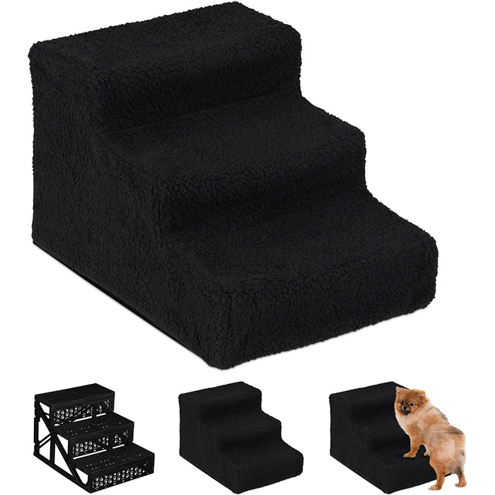 Сходи для собак Relaxdays 3 ступені, маленькі і великі собаки, ліжко і диван, тканинне покриття, внутрішні сходи для домашніх тварин, висота 30x35x45 см, (чорний, )