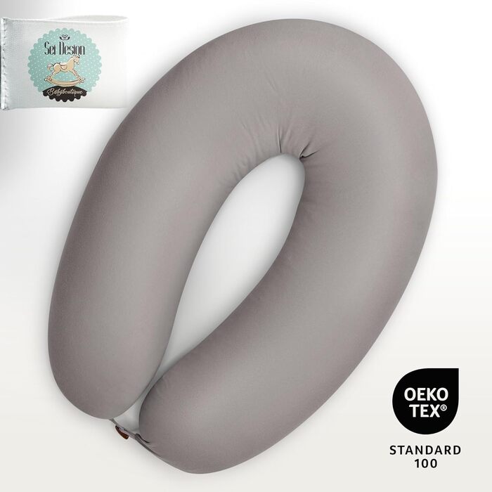 Подушка для годування та вагітності sei Design XXL (190x35 см), ергономічна подушка для сну з чохлом з органічної бавовни муслін, сріблясто-сіра
