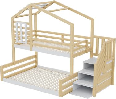 Двоярусне ліжко 90x200 та 140x200 см, дитяче ліжко-горище з місцем для зберігання, сходами та дахом, ліжко-будиночок з вікном, з ламелями та захистом від падіння, без матраца, натуральне дерево