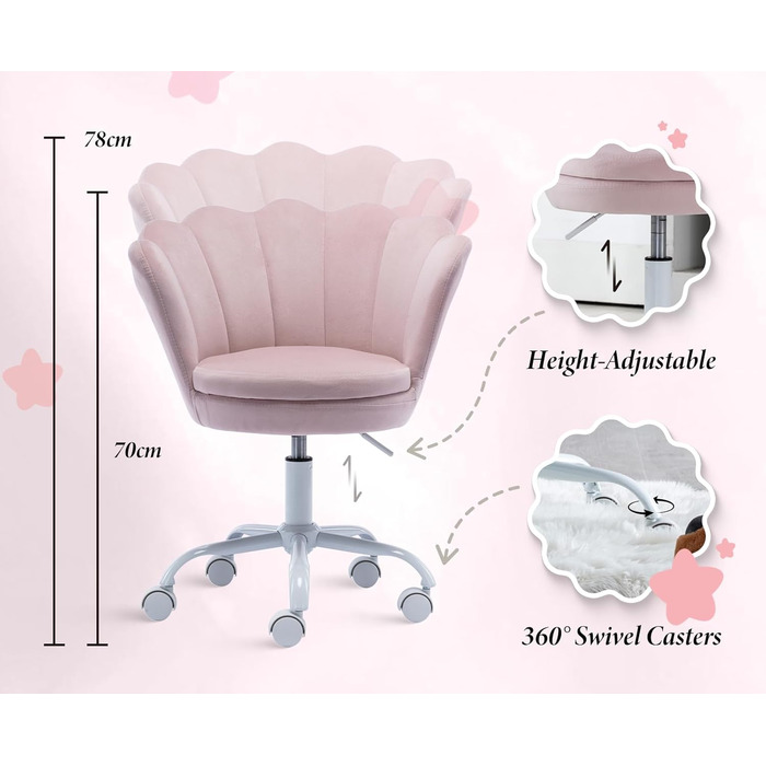 Дитячий стіл-крісло регульоване, поворотне, з м'якою оббивкою з велюру, квітка, зручне офісне крісло для дівчаток, рожеве