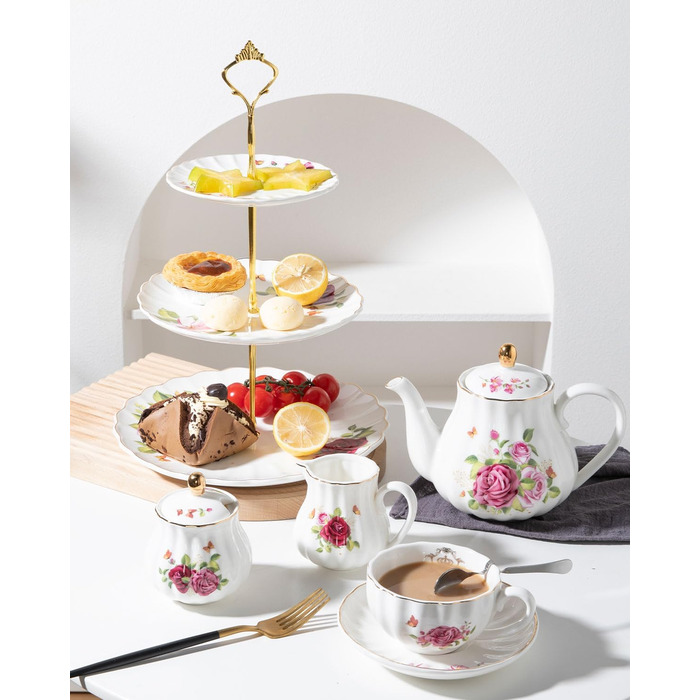 Стійка для тістечок Sweejar Home 3-ярусна керамічна, етажерка для тортів, десертів, капкейків, чаювання, сервірування їжі (свіжі квіти)