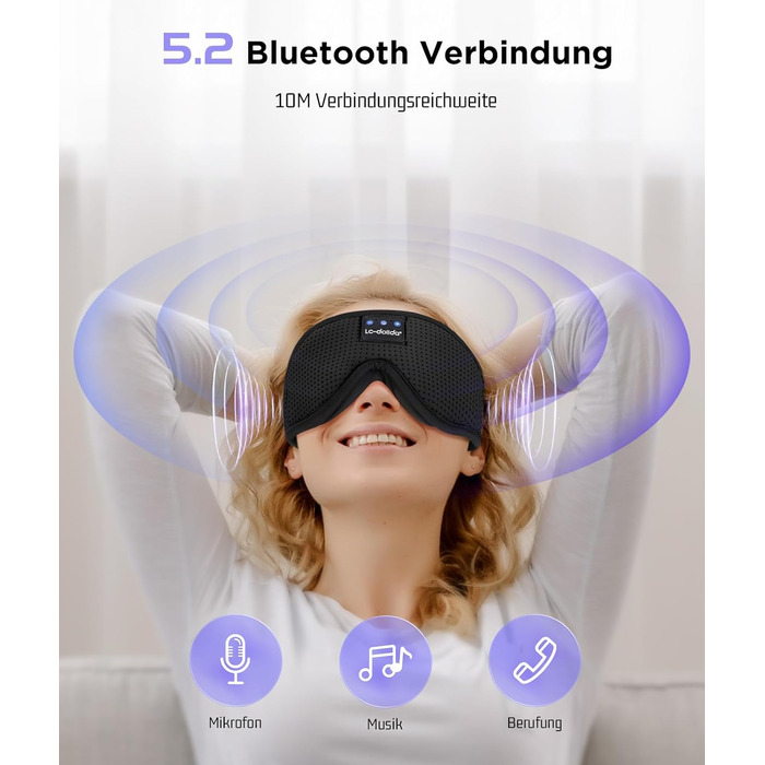 Маска для сну з навушниками Dolida Bluetooth V5.4, повна світлоблокація, дихаюча тканина, для жінок та чоловіків, для подорожей, відпочинку, йоги та медитації