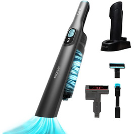 Cecotec Conga Rockstar Micro + Turbo: бездротовий ручний пилосос, 210 Вт, цифровий, 20 кПа, до 40 хв роботи, 2 режими, насадки: 2-в-1, для килимів та матраців, сірий