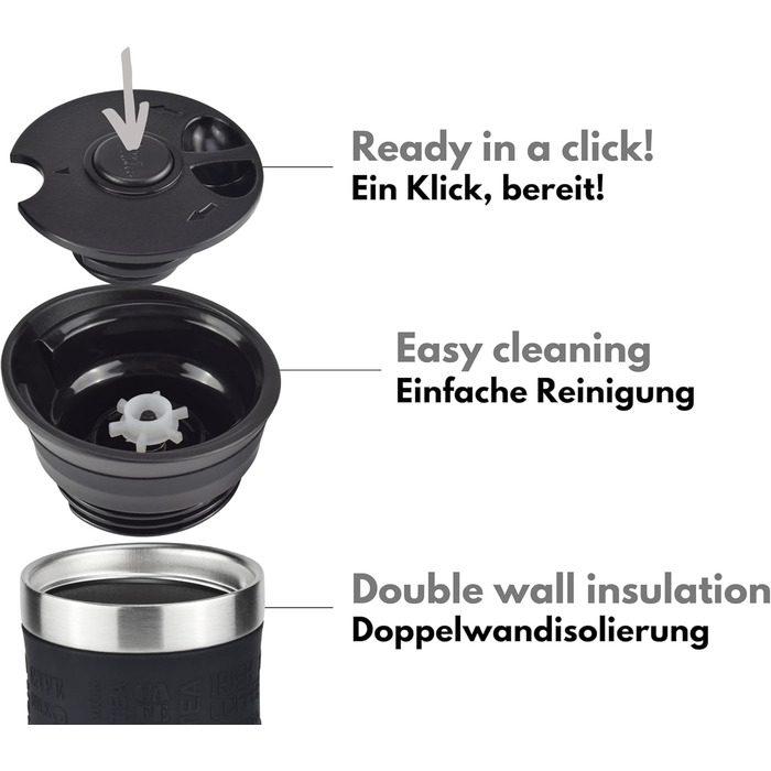 Термокружка Milu 450 мл, 370 мл з нержавіючої сталі, для кави 'to go', з подвійними стінками, не протікає, чорна